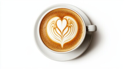 From above, a creamy latte art heart design fills a ceramic cup atop a saucer, beautifully contrasting against a clean, minimalist white background creating peace.