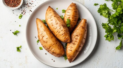 Flat lay of Mingwa Gabonese yam peeled boiled perfection served pristine white plate sprinkle of...