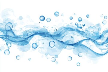 Blue water flows with scattered bubbles on a white background. Ideal for backgrounds involving cleanliness, freshness, or purity.