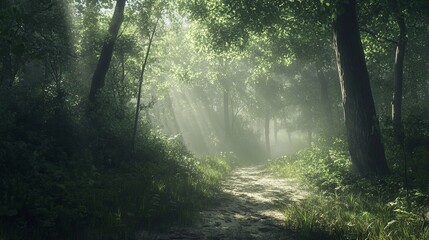 Serene Forest Path Sunbeams Illuminate Misty Woodland Trail Green Trees Nature Scene
