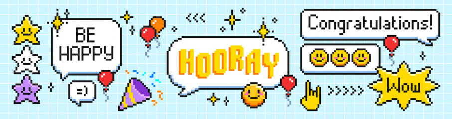 Fototapeta na wymiar Pixel speech bubbles and icons set isolated on background. Vector illustration of messenger chat boxes with text and emoji, retro style stars, confetti, air balloon, hand signs, retro message design