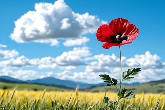 Red poppy in a field under a bright sky