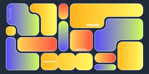 Abstract bento grid shapes on black background. Contemporary vector illustration of blue, yellow, orange gradient frames, geometric collage layout, web design template, y2k retro futuristic banner