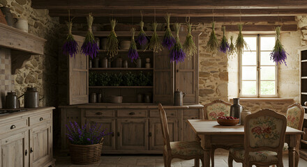 Rustic Kitchen Interior With Hanging Lavender Bunches And Stone Walls
