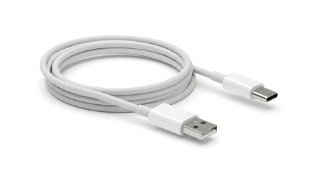 A white USB-C cable is tangled up in a loop on a white background
