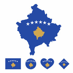 Vector set of Kosovo high detailed map flag and national flag round badge isolated on white background.
