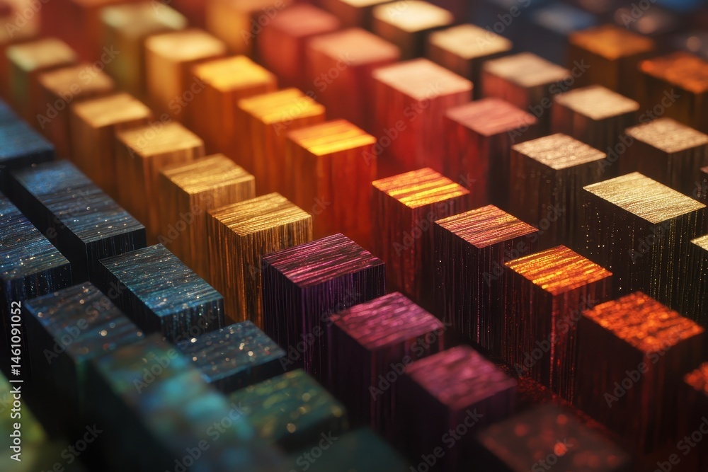 Poster rows of textured cubic blocks in color gradients fill the frame. show data, progress, concepts, or u