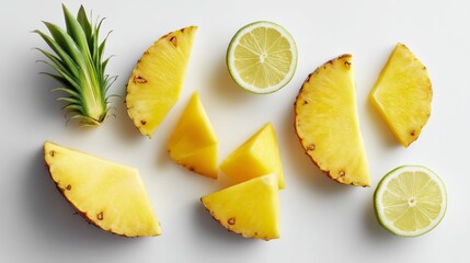 Close up of a pineapple and lime slices on a white background. The pineapple slices are cut into triangles and the lime slices are cut into wedges. Concept of freshness and health