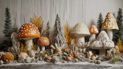 Festive mushroom forest scene with decorative trees.