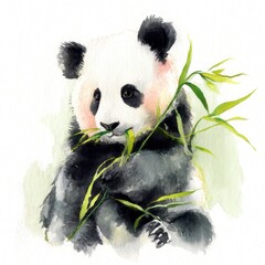 Obraz premium Adorable Watercolor Panda Enjoying Bamboo