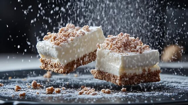 Two Squares of Sweet Crumbly Dessert with White Frosting and Powdered Sugar