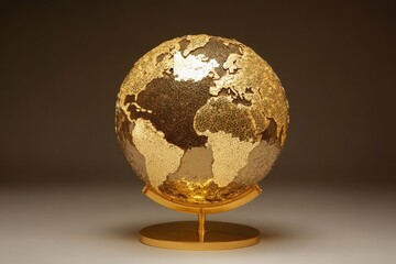Golden mosaic globe on a stand shows continents and oceans. Use to show global business, education, or world travel.