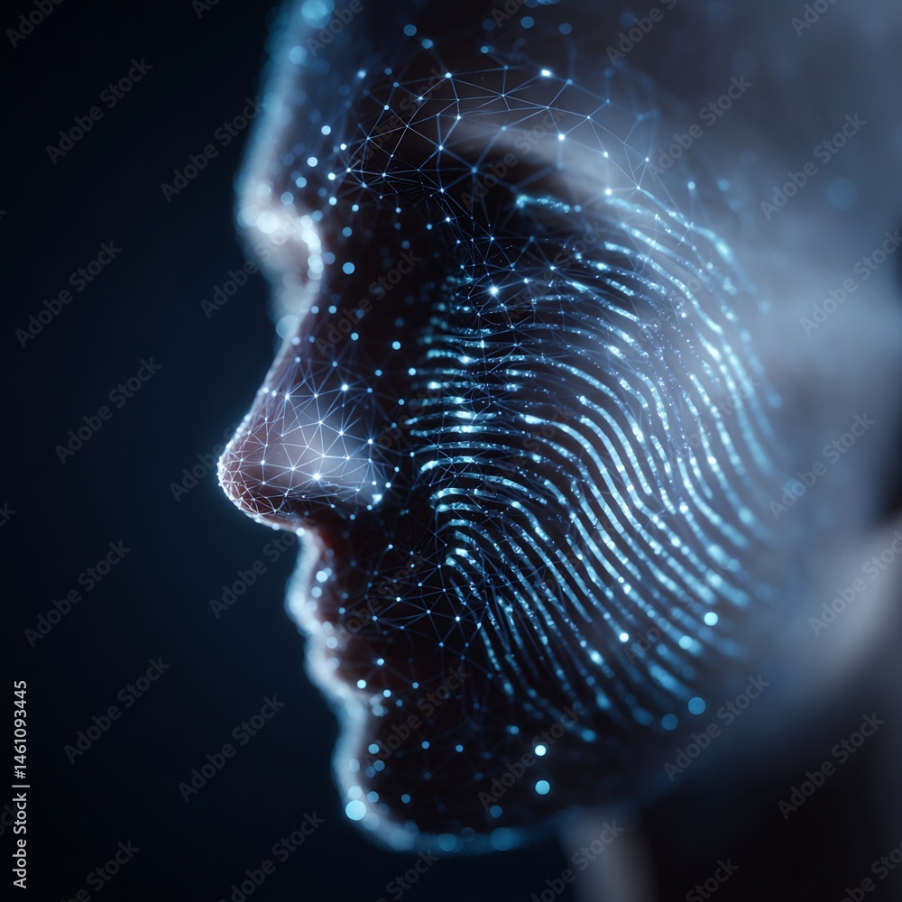 Poster artificial intelligence rendering depicting futuristic biometric identification technology