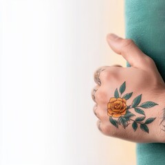 A tattooed hand with a yellow rose and green leaves faces a white background with a green shirt sleeve partially visible for a contemporary aesthetic image.