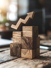 Wooden blocks arranged in a rising, zig-zagging arrow, symbolizing growth and success