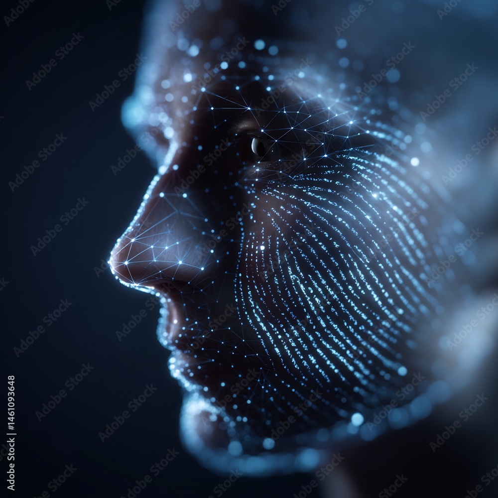 Poster futuristic biometric identification system visualizing face with data points and connections
