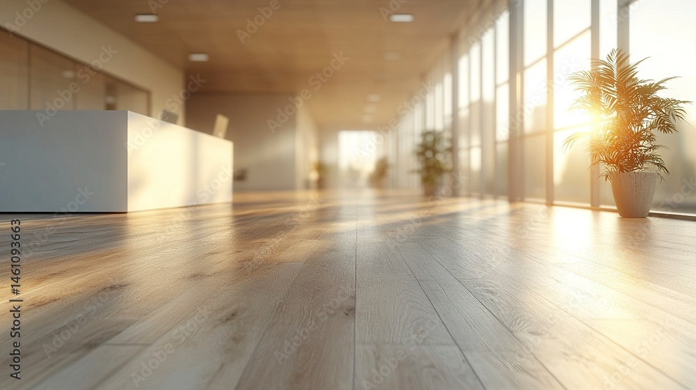 Poster abstract blurred view of open-plan office with neutral tones and soft glow, empty workspace with nat