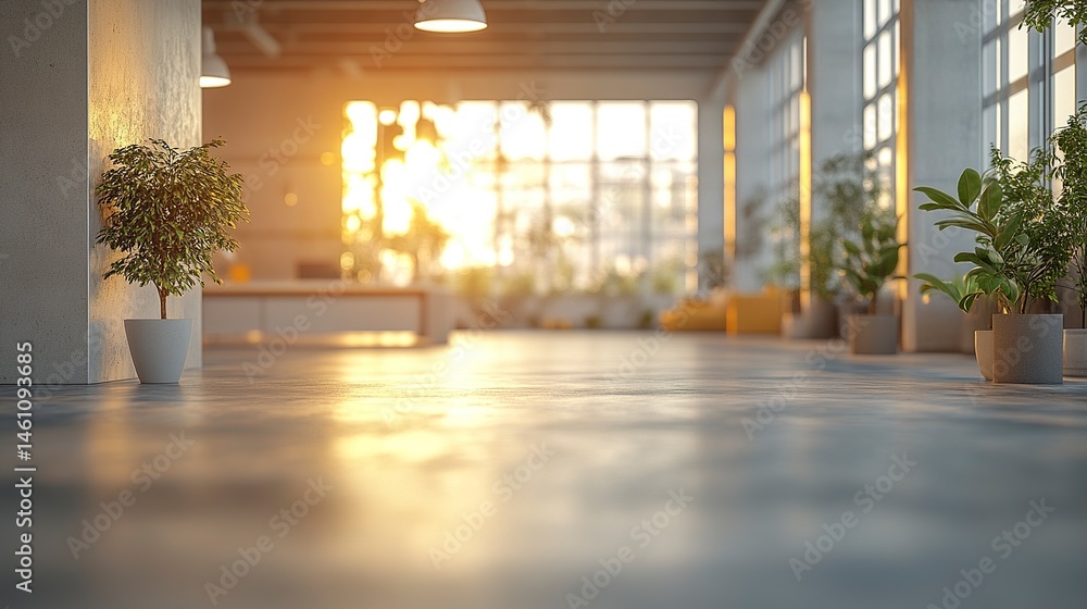 Poster abstract blurred view of open-plan office with neutral tones and soft glow, empty workspace with nat