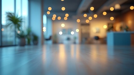 Abstract blurred office interior with glowing white and yellow lights, soft focus creating dreamy atmosphere, cool blue tones and gentle bokeh effect  