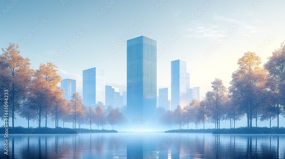 Poster animated modern architecture scene with blue office tower, symmetrical rows of trees and distant bui