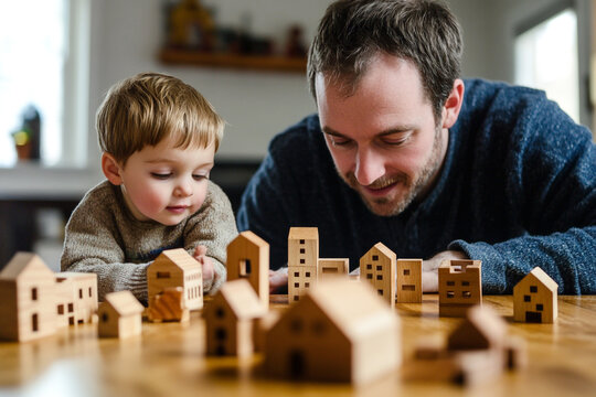 Dad and son playing with wooden constructor. Happy kid and father building together. Family time and childhood fun