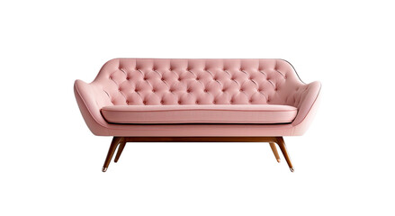 Png of Elegant pink upholstered sofa with a tufted design and wooden legs, perfect for modern interior decor.