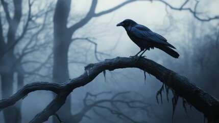 Fototapeta premium A solitary raven perched on a gnarled branch in a misty, atmospheric forest at twilight