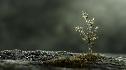 Close-up of a small plant growing on a rocky surface. the plant appears to be a small shrub or shrub with thin, thin leaves and small, pointed tips.