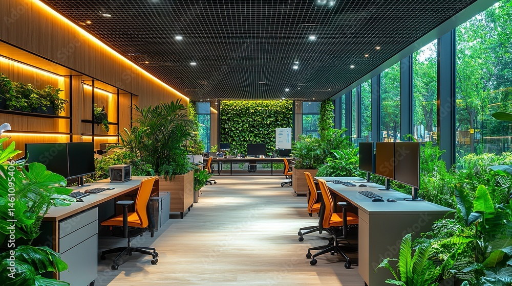 Poster bright tech office space with grid ceiling lights and sleek workstations, greenery adding contrast, 
