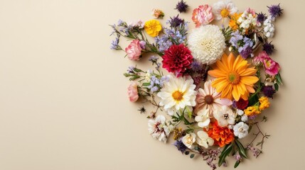 Obraz premium Flat lay of a beautiful bouquet of flowers arranged in the shape of a heart. the flowers are in various colors and sizes, including white, pink, yellow, orange, and purple.