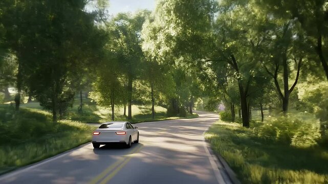 White Car Driving on Winding Asphalt Road Surrounded by Dense Green Forest in Sunny Daylight