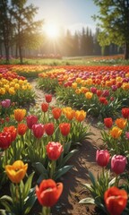 Vibrant tulips bloom in a sun-drenched meadow, springtime Easter scene ,  easter egg,  field,  springtime