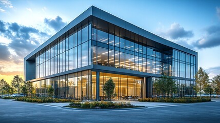 Fototapeta premium Clean modern business facility with glass and metal design, low-angle perspective highlighting geometry, vivid skies and landscaped foreground completing the scene 