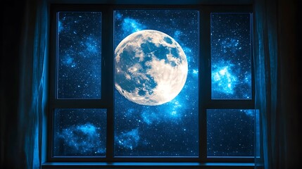 Full moon seen through a window at night.