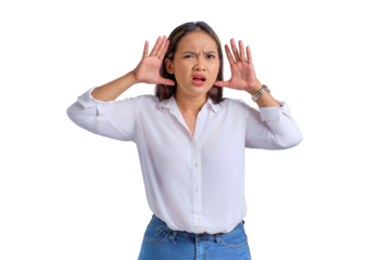 Anxious young Asian woman holding hands near his ears, listening to gossip isolated on transparent background