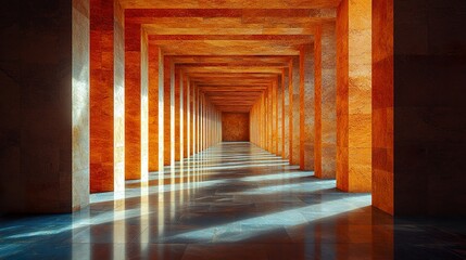 Contemporary architectural walkway with sandstone walls and rectangular openings, vanishing point perspective under natural daylight 