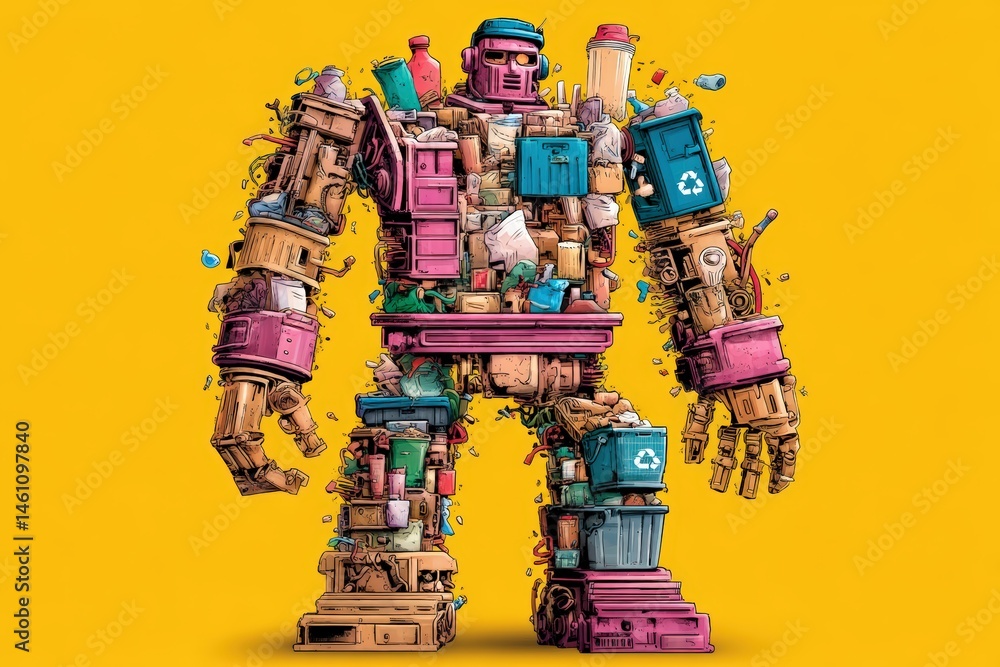 Poster colorful robot figure made of various objects against a bright background.