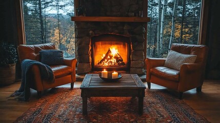 Cozy living room with fireplace and autumn view