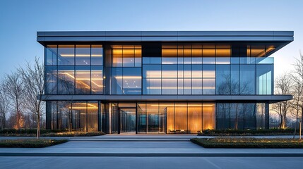 Fototapeta premium Contemporary office exterior with sleek aluminum and glass design, front-facing view under soft daylight, flat urban aesthetic with subtle reflections 