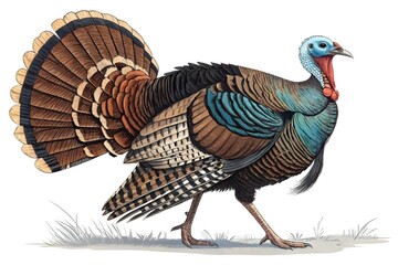 Colorful Vintage Wild Turkey Illustration – Front View Full Body Art on White Background