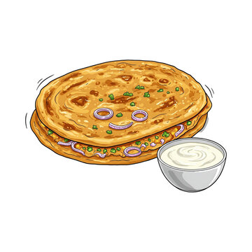Indian lachha paratha flatbread with red onion and yogurt dip