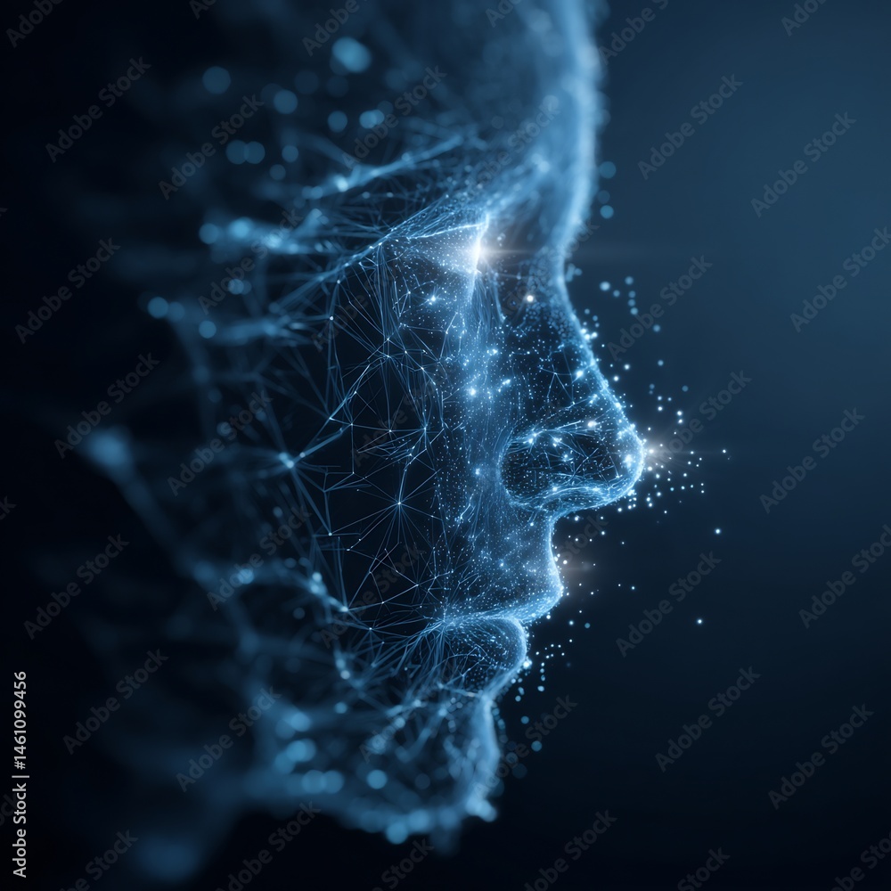 Aufkleber digital face constructed from luminous points symbolizing technological advancement