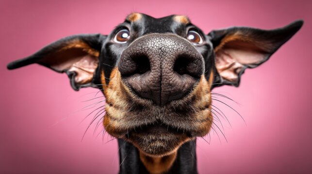Close-up of a playful Doberman dog with large ears and an expressive face