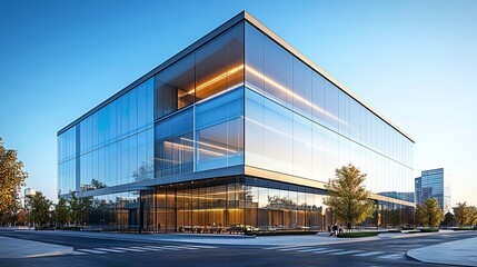 Corner view of a modern office building with glass windows under a clear blue sky, sharp angle with minimalist backdrop 