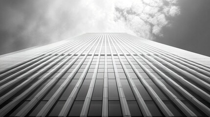 Fototapeta premium Corporate building with alternating windows and white cladding, sleek low-angle shot emphasizing symmetry and height 