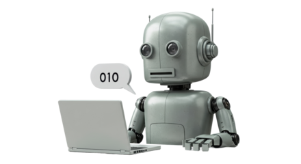 Isolated Robot with Laptop and Speech Bubble