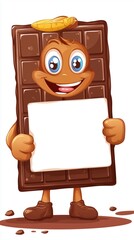 Fototapeta premium Cartoon chocolate bar character holding blank sign with banana hat