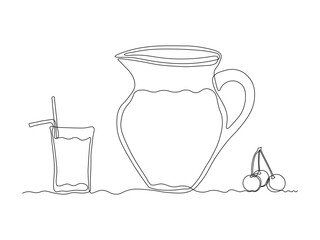 Abstract jug, pitcher for cherry juice and glass with straw, continuous single one line art hand drawing sketch logo