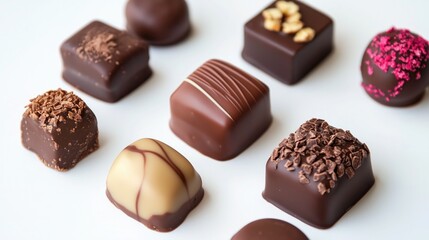 Fototapeta premium Assorted gourmet chocolates in various shapes and toppings displayed on white surface