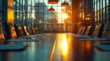 Corporate meeting in progress at a long conference table, natural light flooding from large windows, shallow focus  
